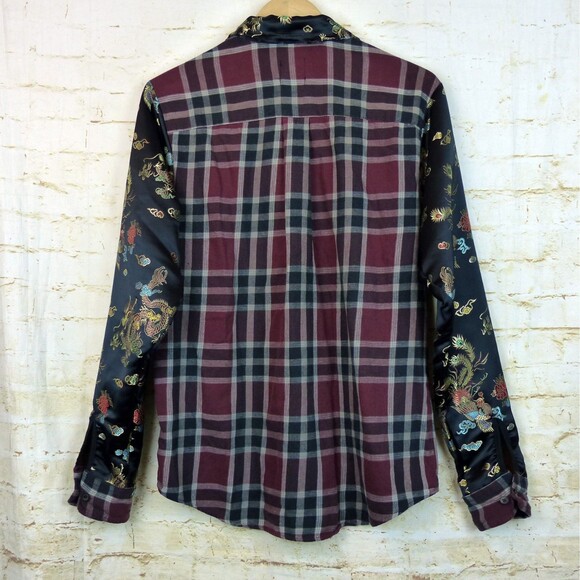 Furst of A Kind Shirt L/XL Plaid Flannel Dragon Satin Sleeves Mixed Media Button - Picture 3 of 15